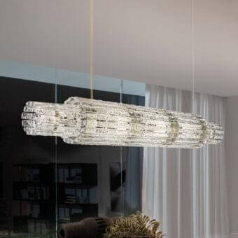 Innovative Masiero Vegas BIL suspension lamp with a metal structure and rock-effect glass strips in translucent off-white with a glossy finish