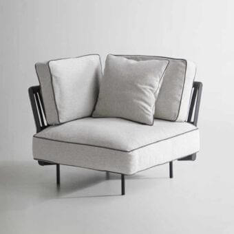 Exceptional Potocco Soul lounge chair with interwoven backrest and light gray removable cushions in a dark metal frame