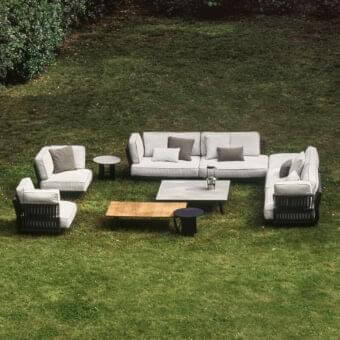 Exceptional Potocco Soul sectional with light and dark gray outdoor textile upholstery and a dark brown woven frame