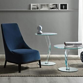 Exclusive Tonelli Design Bakkarat side table with round extra clear glass top and reflective mirrored base
