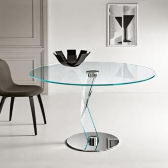 Elegant Tonelli Design Bakkarat table with extra clear glass top and sculptural twisted glass leg built with a chrome-plated metal base