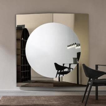 Innovative Tonelli Design Central mirror with overlapping circular and square mirrored panels in reflective light beige to tan