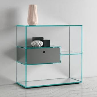 Exceptional Tonelli Design Liber console crafted in extra clear glass with mirrored base and matte gray drawer