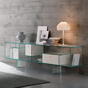 Distinguished Tonelli Design Liber sideboard with transparent glass structure and matt white lacquered wood drawers