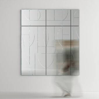 Exclusive Tonelli Design Maybe mirror composed of juxtaposed rectangular panels in silver mirrored finish with geometric lines