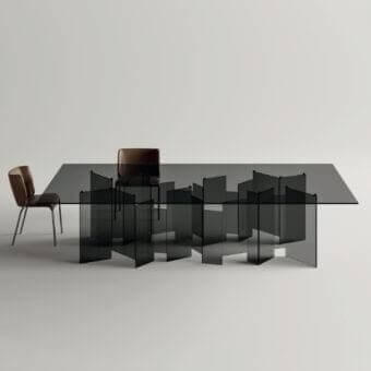 Distinguished Tonelli Design Metropolis table with a smoked glass base and sleek rectangular glass top built with meticulous welding