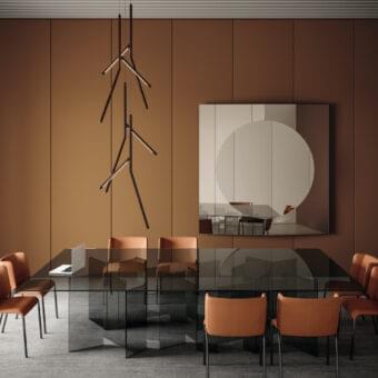 Exceptional Tonelli Design Metropolis table with smoked glass top and geometric welded extra-clear glass slabs