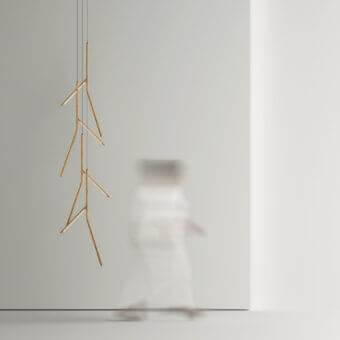 Innovative Tonelli Design Noum suspension lamp crafted in Eucalipto with warm brown tones and interconnected segments for diffused lighting