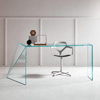 Exceptional Tonelli Design Penrose desk crafted in glass with oblique cuts and a subtle greenish tint