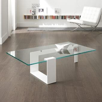 Innovative Tonelli Design Plinsky coffee table with clear tempered glass and white metal base creates a floating effect