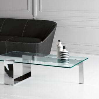 Innovative Tonelli Design Plinsky coffee table with tempered glass top and polished metal base