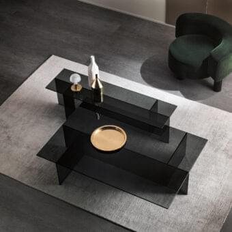 Elegant Tonelli Design Sestante coffee table in smoked glass with a glossy finish and tiered surfaces
