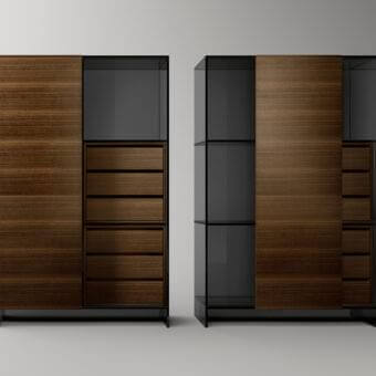 Distinguished Tonelli Design Shoji cupboard with smoked glass structure and Eucalipto wood sliding door