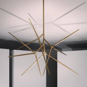 Innovative VENICEM Spear chandelier with a burnished brass metal structure and radiating linear elements