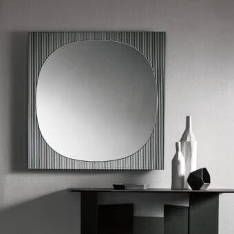Exclusive Tonelli Design Bands mirror with alternating black and standard mirror vertical lines in a sleek frame