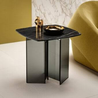 Exceptional Tonelli Design Metropolis side table with smoked glass base and dark striated ceramic top