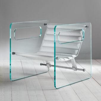 Superior Tonelli Design Naked lounge chair with extra clear tempered glass frame and pristine white leather seat
