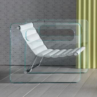 Innovative Tonelli Design Naked lounge chair with extra clear tempered glass frame and segmented white leather cushion built with a chrome base
