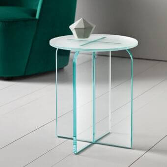 Distinguished Tonelli Design Opalina side table crafted in opalescent white glass with a smooth glossy finish and cylindrical form