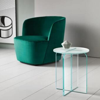 Distinguished Tonelli Design Opalina side table crafted in extra clear glass with a cool blue tint and glossy finish