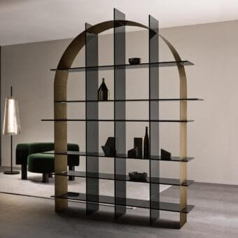 Elegant Tonelli Design Paradigma bookcase with smoked glass shelves and brushed black metal grid frame