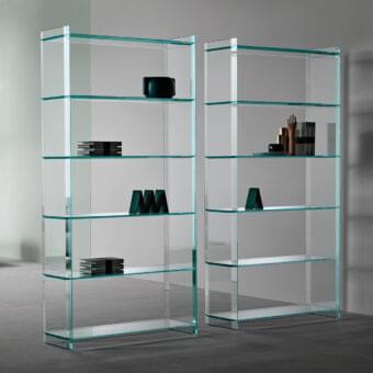 Distinguished Tonelli Design Quiller bookcase crafted in extra clear glass with subtle green toned edges and seamless construction