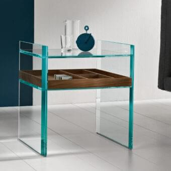 Distinguished Tonelli Design Quiller nightstand built in extra clear glass with a Canaletto walnut tray and stylish bevelings