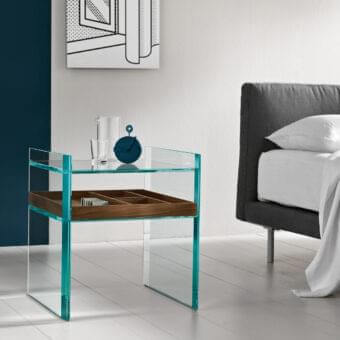 Distinguished Tonelli Design Quiller nightstand built in extra clear glass with a Canaletto walnut shelf and stylish beveling