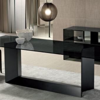 Elegant Tonelli Design T5 table crafted in glossy black glass with a matte black lacquered metal base