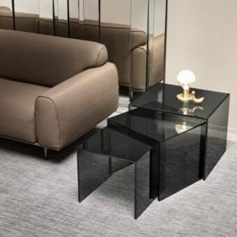 Exceptional Tonelli Design Trio side tables in dark transparent glass with a glossy smoked finish