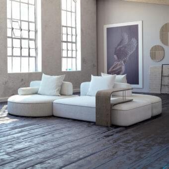 Innovative Arketipo Back Pack sectional with light textured textile and matte finish wooden side table