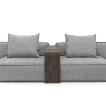Superior Arketipo Back Pack sofa in light gray woven textile with a dark stained wood central section