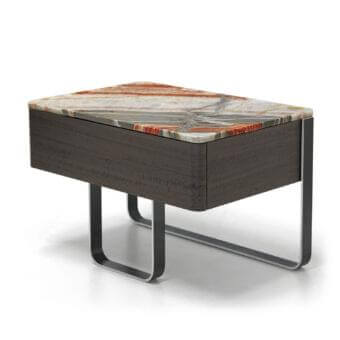 Distinguished Arketipo Effetto Notte nightstand with dark brown wood drawer and matte gray curved metal base topped with patterned orange and gray marble