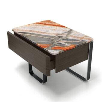 Refined Arketipo Effetto Notte nightstand with dark brown wood, curved black metal legs, and a marble top in white, gray, orange, and brown hues