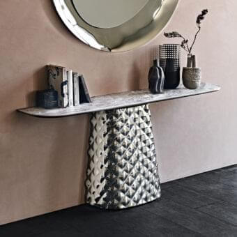 Distinguished Cattelan Italia Atrium Keramik console with gray ceramic and quilted mirrored glass offering a marble-effect finish