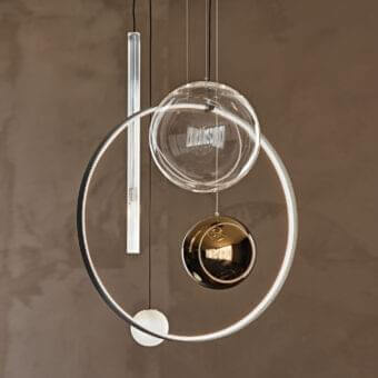 Distinguished Cattelan Italia Biarritz suspension lamp with a satin iron grey steel ring and transparent, bronze, frosted glass lampshades