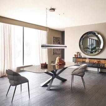 Distinguished Cattelan Italia Camilla ML armchair with muted gray textile upholstery and embossed lacquered steel base