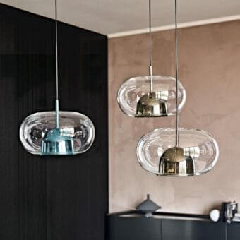 Superior Cattelan Italia Coimbra suspension lamp with transparent glass and light blue painted glass bell within