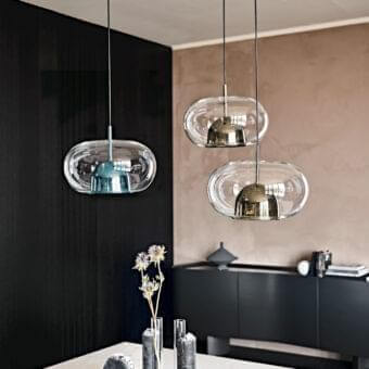 Refined Cattelan Italia Coimbra suspension lamp with transparent glass sphere and gold-toned painted glass bell crafted in Italy