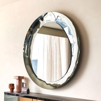 Superior Cattelan Italia Cosmos mirror with irregular contour and bush-hammered fumé mirrored glass, finished in chrome or silver