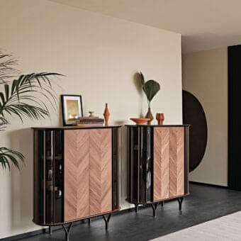 Distinguished Cattelan Italia Costes cupboard with diagonally slatted Canaletto walnut and curved transparent glass sides built with lacquered metal inserts