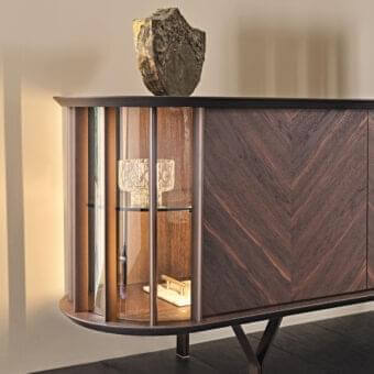 Sophisticated Cattelan Italia Costes sideboard with Canaletto walnut structure and embossed lacquered steel base revealing fumé glass shelves