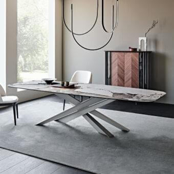 Distinguished Cattelan Italia Lancer table with glossy ceramic Marmi and matte silver embossed lacquered steel base