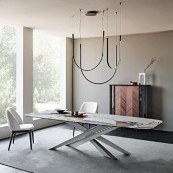 Elegant Cattelan Italia Lancer table with marbled ceramic top and matte grey embossed lacquered steel base