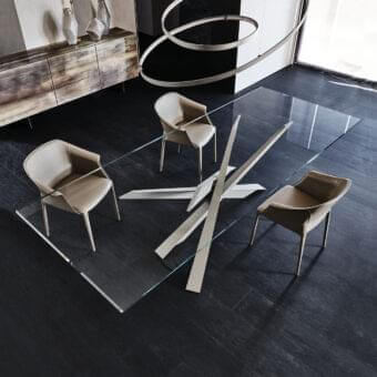 Architectural Cattelan Italia Lancer table with transparent glass top and embossed light beige lacquered steel base in matte finish