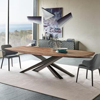 Architectural Cattelan Italia Lancer Wood table with boat-shaped planks and embossed lacquered steel legs in matte finish