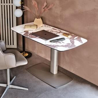 Exceptional Cattelan Italia Runner desk with ceramic Marmi top in white, brown and grey, plus matte grey embossed lacquered steel base with height regulation