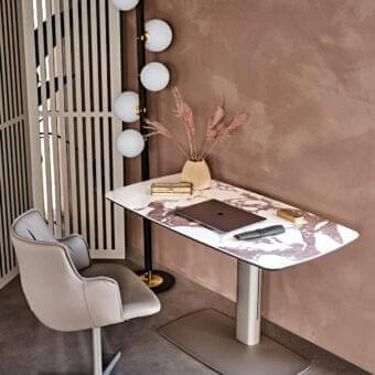 Exceptional Cattelan Italia Runner Keramik desk with white and brown marble ceramic top and neutral grey matte lacquered steel base