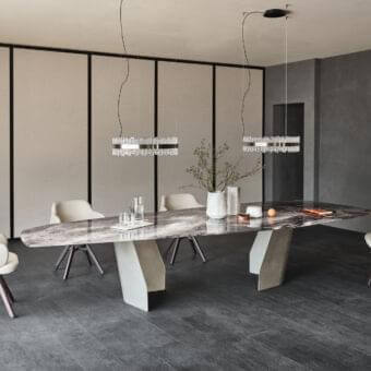 Harmonious Cattelan Italia Senator table with marble-patterned glass and asymmetrical matte off-white metal bases