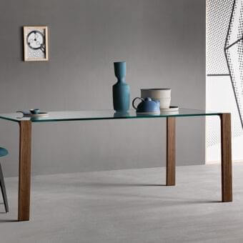Elegant Tonelli Design Livingstand table with clear tempered glass and matte dark brown wood legs